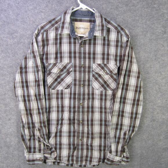 Ruff Hewn Shirt Mens Medium Brown Blue Plaid Button Down 100% Cotton Casual - Picture 1 of 8